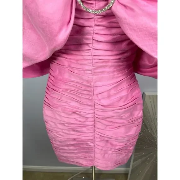 RASARIO Bow Embellished Draped Off the Shoulder Pink Linen Mini Dress Size 2 - Picture 6 of 13
